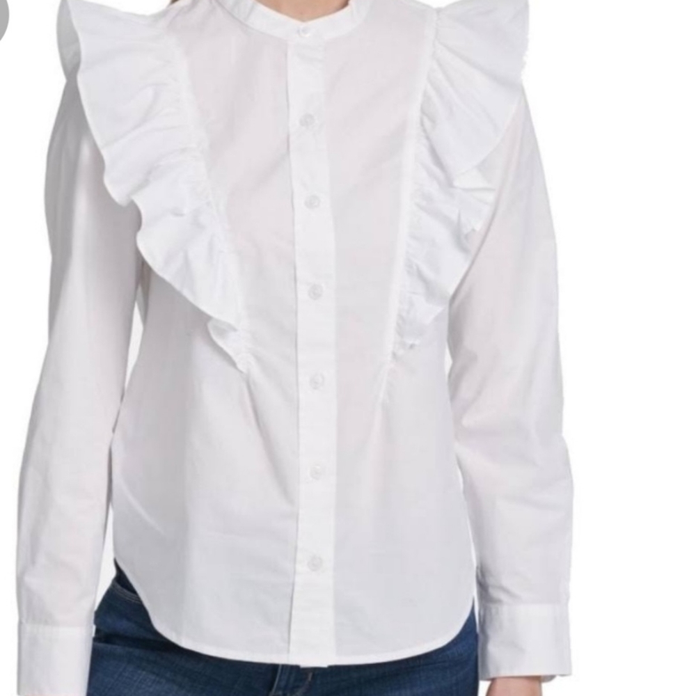 DKNY White Ruffle Button Up Blouse Top XL